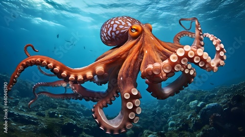 Close up of a Octopus swimming in the clear Ocean. Natural Background with beautiful Lighting