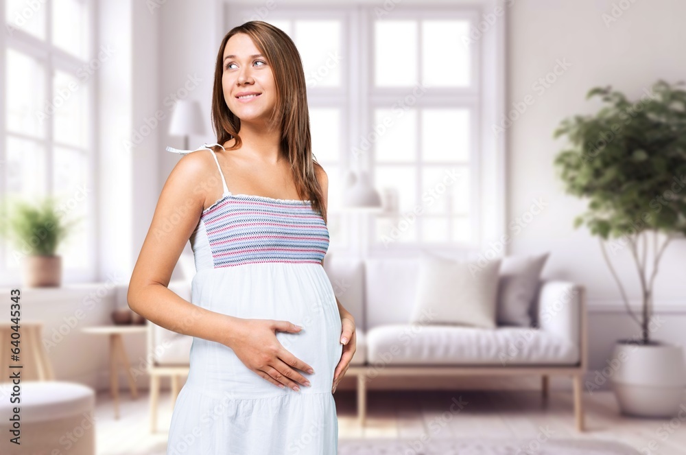 Happy smiling pregnant woman at home