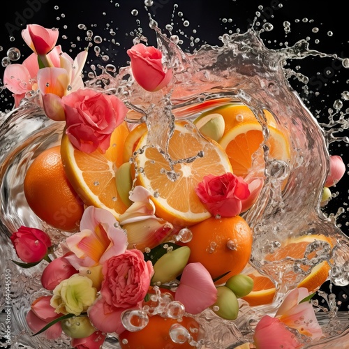 Fresh fruits and flowers in water splashes  dynamic still life