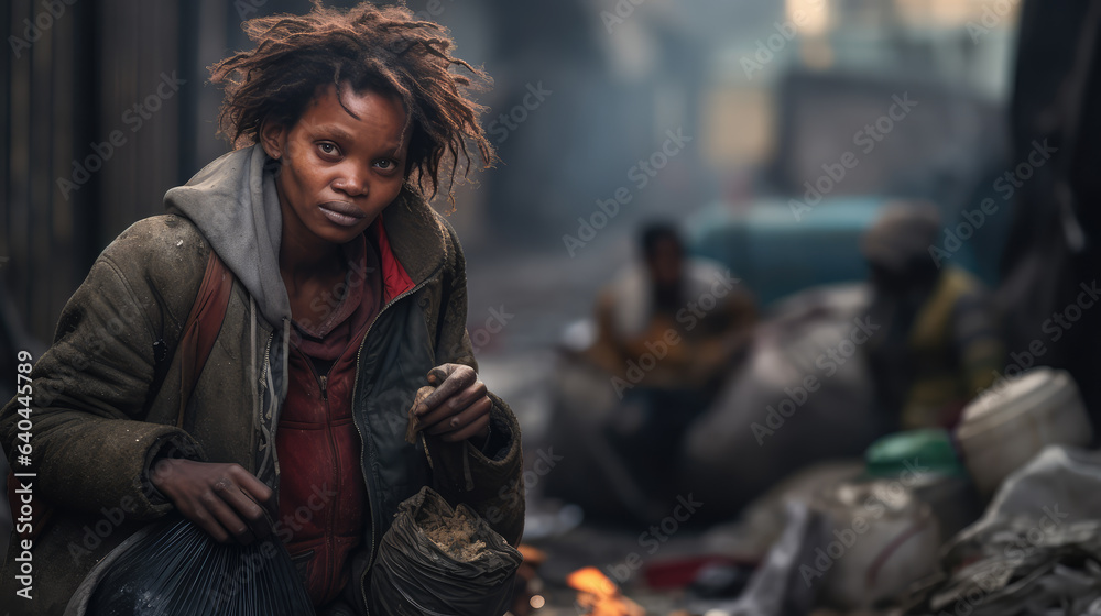 Black homeless woman garbage collector walking down the city street looking at the camera. Black homeless woman garbage collector walking down the city street looking at the camera.