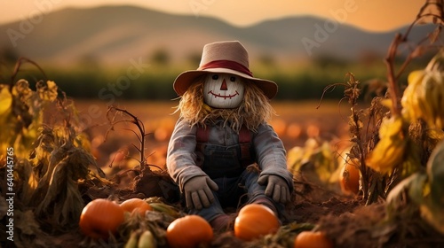 Photo Whimsical scarecrow stands guard in a pumpkin patch