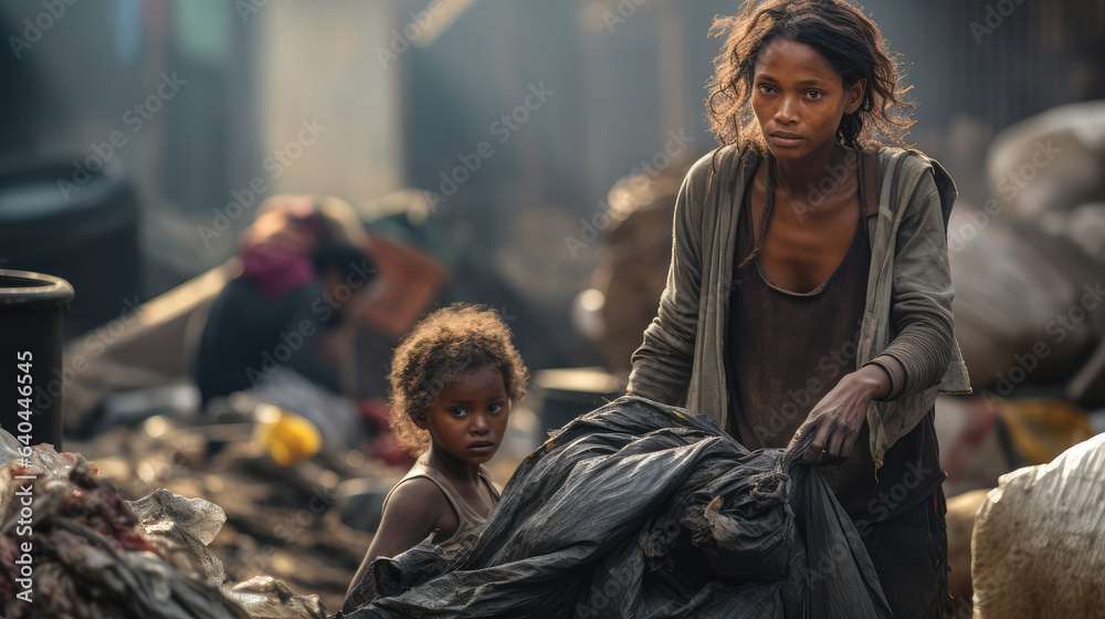 Black homeless woman garbage collector walking down the city street looking at the camera.