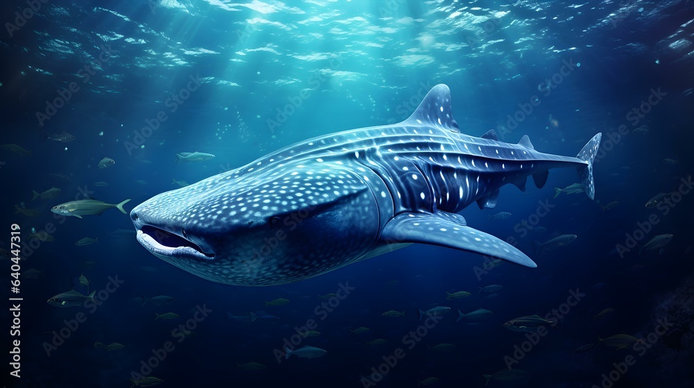 Naklejka premium Close up of a Whale Shark swimming in the deep Ocean. Natural Background with beautiful Lighting 