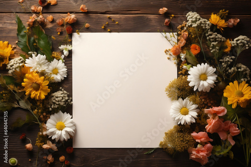 Harvesting the Autumn Spirit  Empty Paper Card Mockup on Rustic Table with Floral Decor  Thanksgiving Celebration