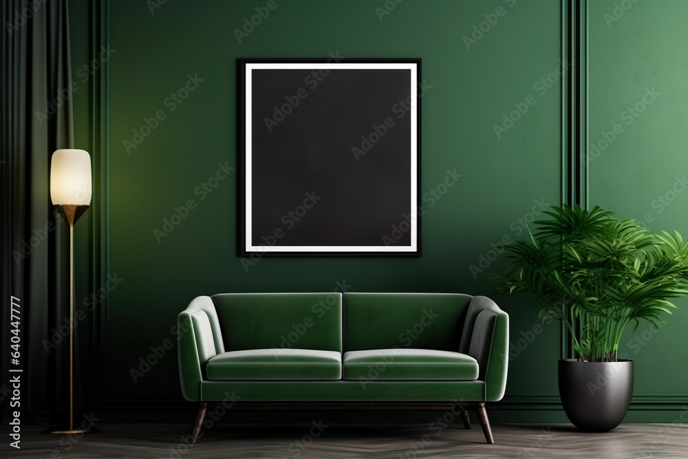picture frame in dark green room interior with green velvet sofa Mock up Mockup | Generative AI