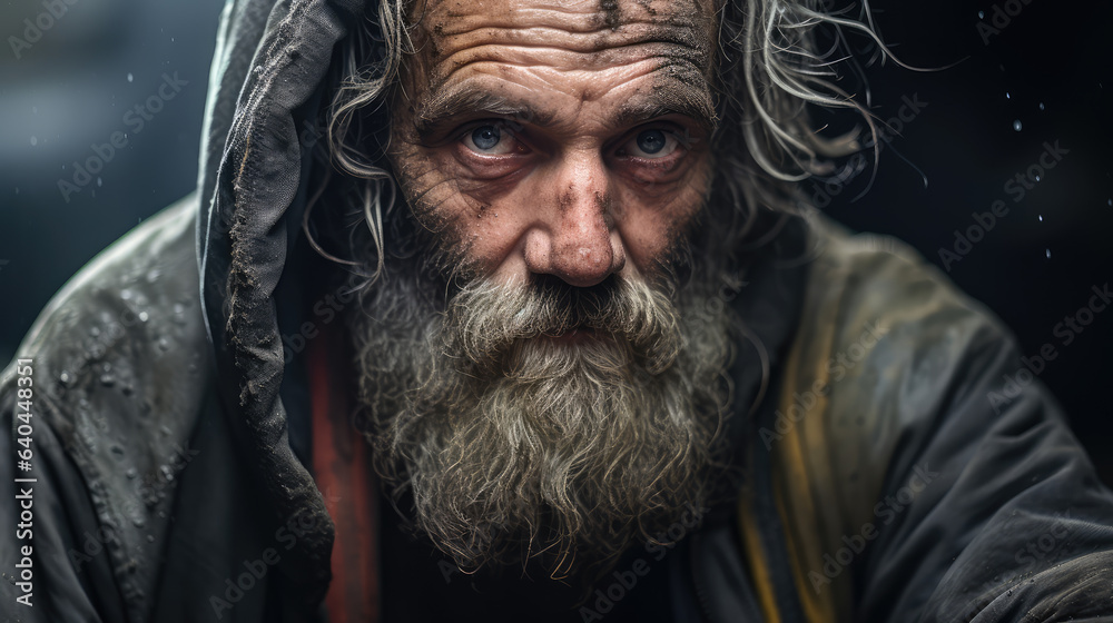 Homeless garbage collector walking city streets alone and looking at camera. Homeless garbage collector walking city streets alone and looking at camera.