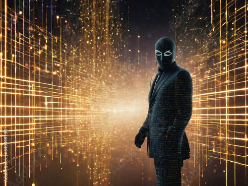 Anonymous hacker boss, surrounded by a network of glowing data. Cybersecurity, Cybercrime, Cyberattack. Generative AI