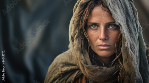 A homeless woman scavenger walking down the city street looking at the camera.