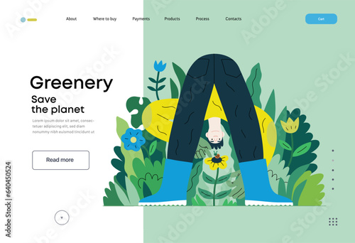 Greenery, ecology -modern flat vector concept illustration of a male gardener carrying the plants. Metaphor of environmental sustainability and protection, closeness to nature