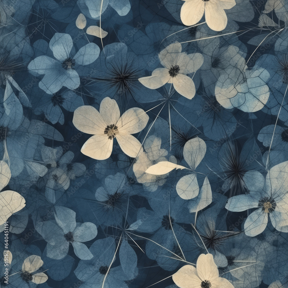 Blue Pressed Flowers Seamless Patterns