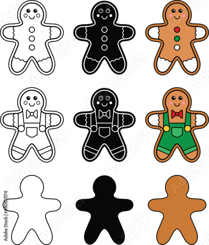 Decorated Gingerbread Man Cookie Clipart Set - Outline, Silhouette & Color