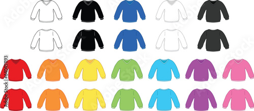 Crew and V Neck Sweater Clipart Set - Outline, Silhouette and Color