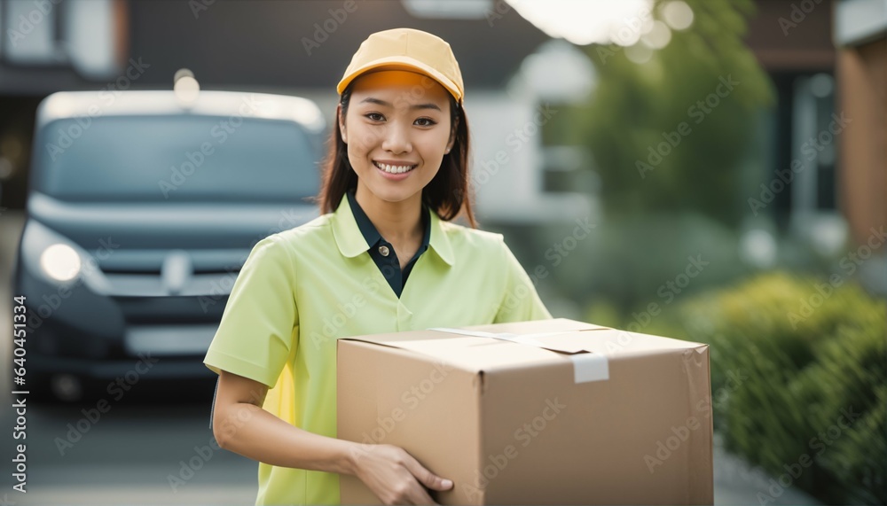Smiling Asian postman with parcel - cardboard box, young woman delivers, online store delivery, close-up Smiling Asian postman with parcel - cardboard box, young woman delivers, online store delivery, close-up