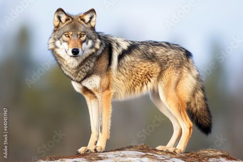 A gray wolf standing on a rock with a blurred background. It has a gray and brown fur coat with a white underbelly