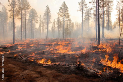 A forest fire, a large area of burning trees and underbrush. The trees are blackened and charred from the fire, smoke, ash, devastation, destruction