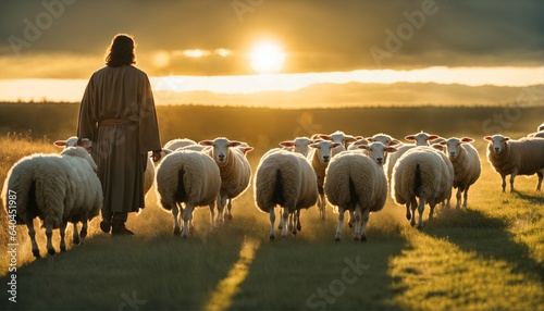 Tablou canvas Bright sunlight shines on shepherd Jesus Christ leading sheep and praying to God
