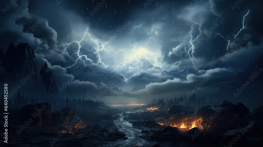 Epic battle between elemental forces in a magical paradise, with swirling storms, bursts of magical energy