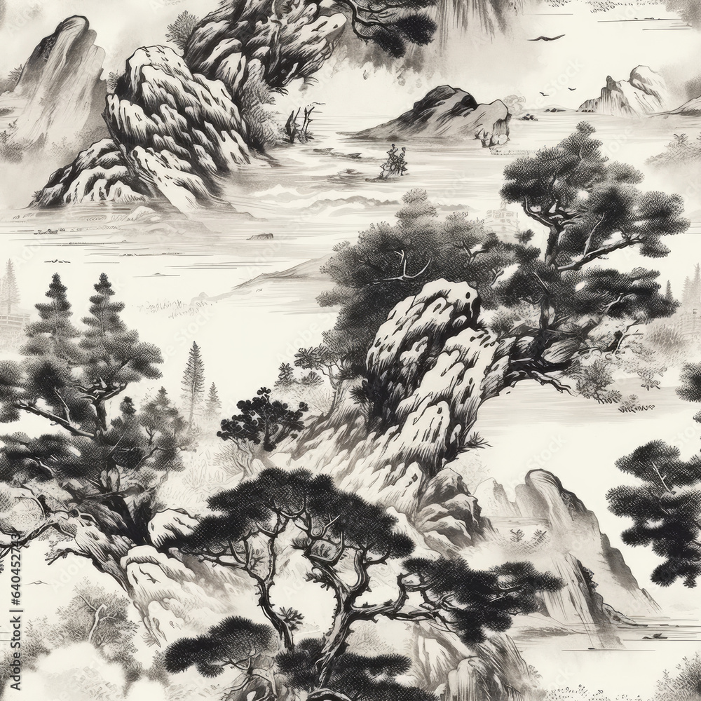 Japanese and Chinese Ink Paintings Seamless Patterns