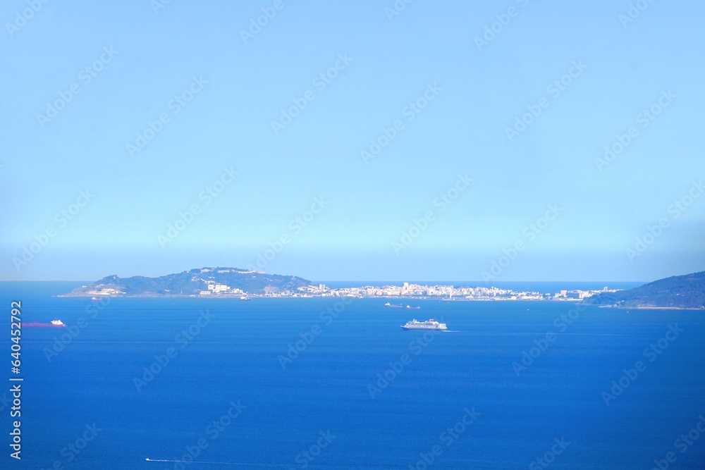 Ceuta: View from the Mirador del Estrecho viewpoint in Andalusia over the Strait of Gibraltar towards the Spanish autonomous city Ceuta, Africa, Spain