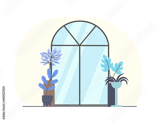 Simple glass front door with potted plants outdoor view. Flat minimal background with architectural elements.