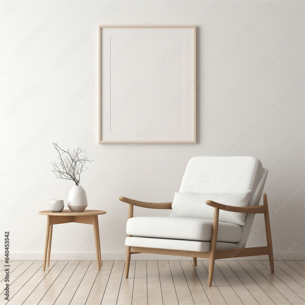 Poster Frame Mockup, White Framed Poster on a Wall in a Clean Minimal Modern Living Room, Generative AI Poster Frame Mockup, White Framed Poster on a Wall in a Clean Minimal Modern Living Room, Generative AI
