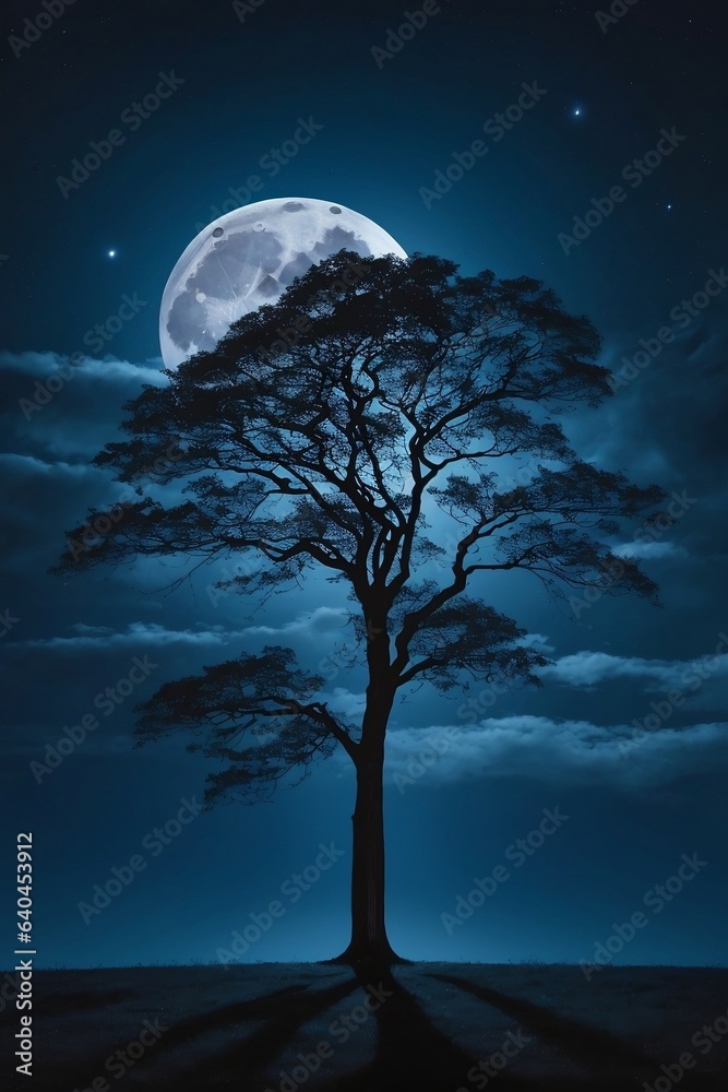 A midnight sky filled with a dark blue hue, illuminated by a full moon and a single, tall tree silhouetted against it. - obrazy, fototapety, plakaty 