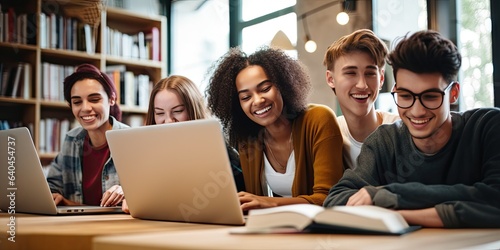 group of diverse students working on a project in the library