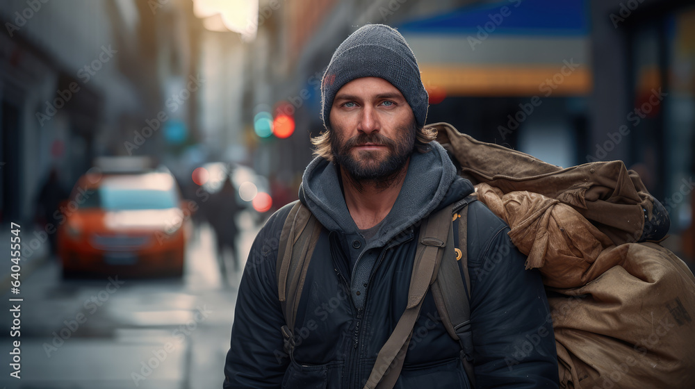 Homeless garbage collector walking city streets alone and looking at camera.