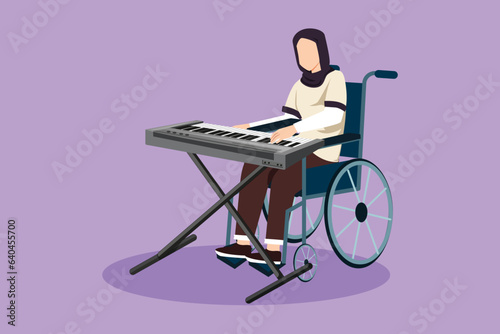 Graphic flat design drawing Arabian female sit wheelchair playing electric keyboard in music event and sing song. Physically disabled. Rehabilitation center patient. Cartoon style vector illustration
