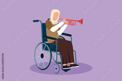 Character flat drawing pretty Arab female in wheelchair playing trumpet during music lesson. Physically disabled. Person in hospital. Rehabilitation center patient. Cartoon design vector illustration
