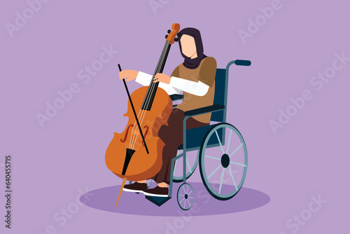 Graphic flat design drawing Arab woman sitting in wheelchair plays cello in concert. Disability, classical music. Physically disabled. Rehabilitation center patient. Cartoon style vector illustration