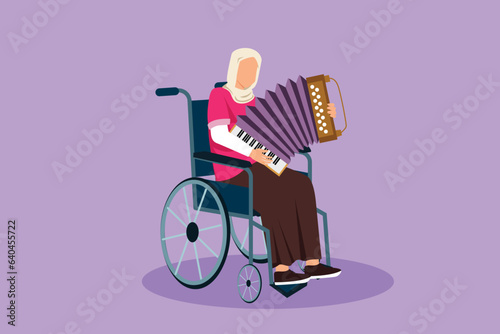 Graphic flat design drawing disabled Arab woman in wheelchair playing accordion music. Physically disabled. Person in hospital event. Rehabilitation center patient. Cartoon style vector illustration