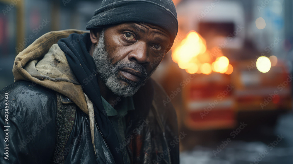 Black homeless garbage collector walking down the city street looking at the camera. Black homeless garbage collector walking down the city street looking at the camera.