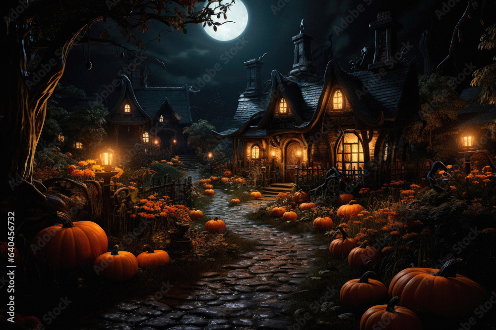 Halloween spooky background, scary jack o lantern pumpkins in creepy dark Happy Haloween ghosts horror mysterious night village street garden with old haunted house mystic backdrop.