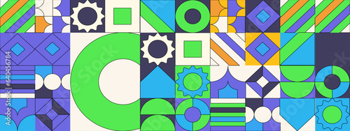 Abstract Geometric Pattern Artwork. Retro colors and color background. Grid with colored geometric shapes. Modern abstract promotional flyer, background, brochure, pattern.