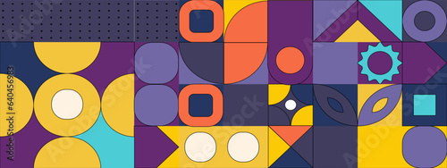 Abstract Geometric Pattern Artwork. Retro colors and color background. Grid with colored geometric shapes. Modern abstract promotional flyer, background, brochure, pattern.
