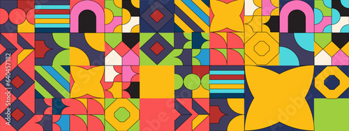 Abstract Geometric Pattern Artwork. Retro colors and color background. Grid with colored geometric shapes. Modern abstract promotional flyer, background, brochure, pattern.