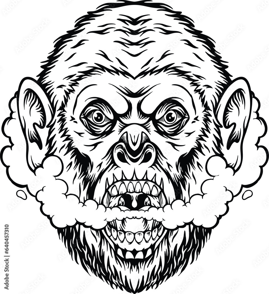 Roaring primate monkey head cannabis smoke puff illustration monochrome vector illustrations for your work logo, merchandise t-shirt, stickers and label designs, poster, greeting cards advertising