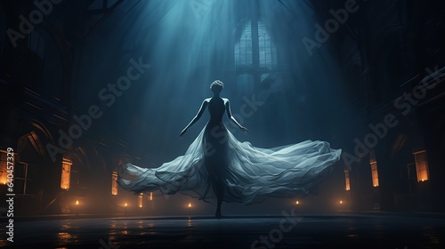 Foto Ghost ballerina dance on old theater stage at night