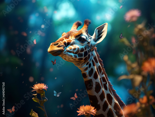 Giraffe closeup eating leaves with butterflies around its head. Giraffe gently grazes in enchanting scene with the coexistence of animals.
