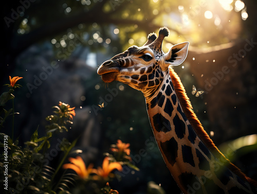 Giraffe closeup eating leaves with butterflies around its head. Giraffe gently grazes in enchanting scene with the coexistence of animals.