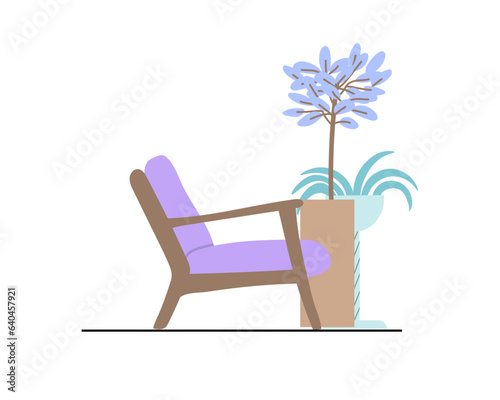 Armchair and potted trees side view.