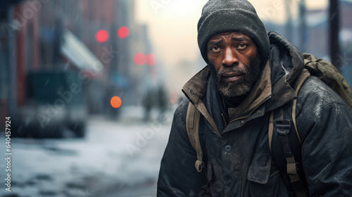 Black homeless garbage collector walking down the city street looking at the camera. © Bnetto