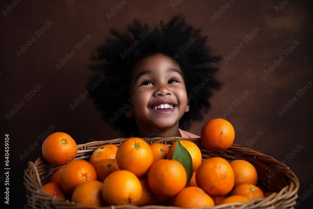 Happy afro-american child with falling Christmas oranges. Generative AI Happy afro-american child with falling Christmas oranges. Generative AI