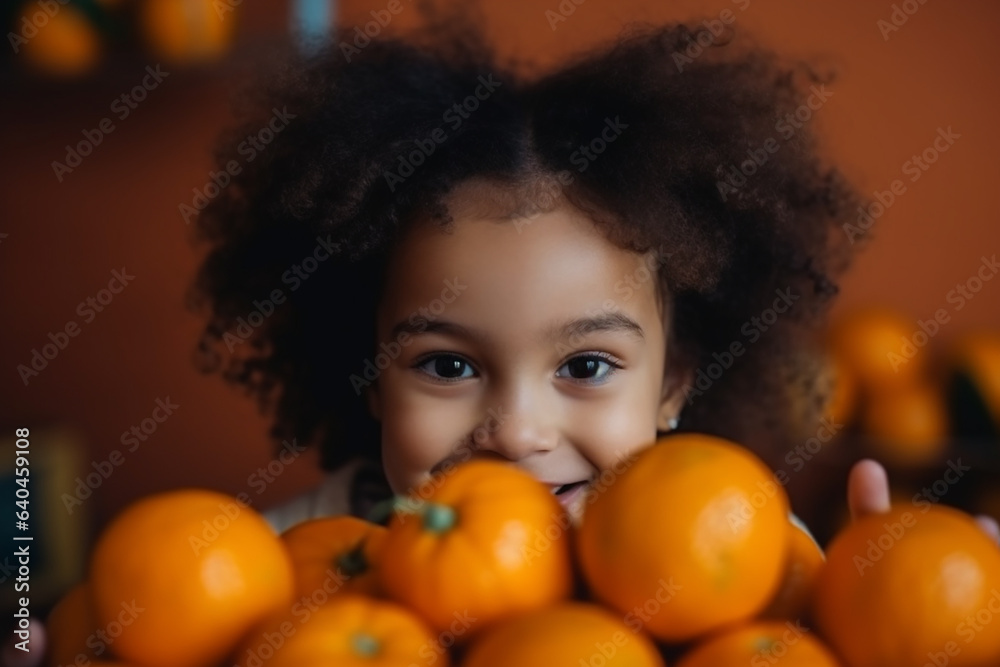 Happy afro-american girl with Christmas oranges, closeup. Generative AI Happy afro-american girl with Christmas oranges, closeup. Generative AI