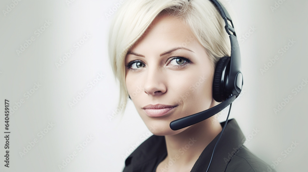 Beautiful blond woman working in a call center, copy space. Generative AI Beautiful blond woman working in a call center, copy space. Generative AI