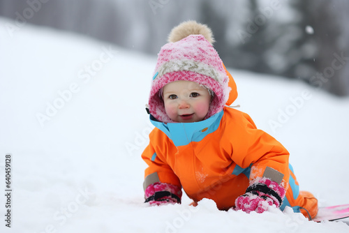 Cute little baby playing outdoors in winter snow, mountains, copyspace. Generative AI