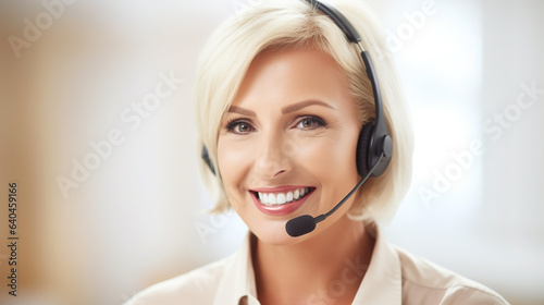 Beautiful smiling woman working in a call center. Generative AI