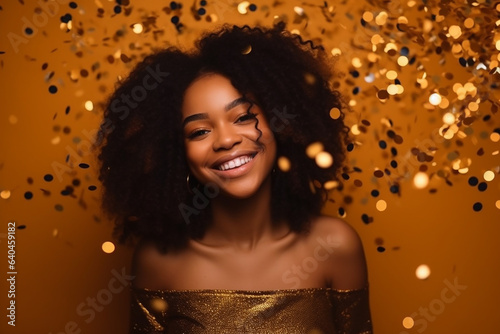 Tela Pretty young happy afro-american woman in evening dress with the golden confetti on the golden background