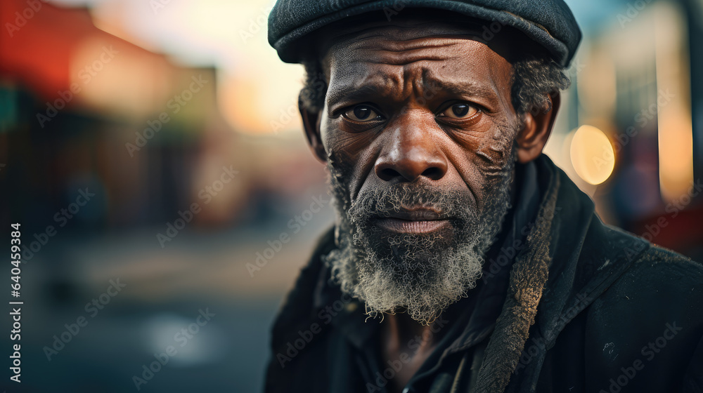 Black homeless garbage collector walking down the city street looking at the camera. Black homeless garbage collector walking down the city street looking at the camera.